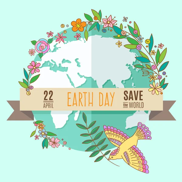 Globe on a turquoise background, surrounded by flowers and leaves. The inscription on the banner of Earth Day, April 22, Save the World. Vector Illustration. — Stock Vector