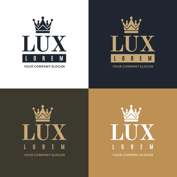 Coloque o logotipo dourado, azul e branco em um fundo azul, branco e dourado com uma imagem da silhueta da coroa e as palavras Lux. Simboliza a mais alta qualidade, força, indestrutibilidade —  Vetores de Stock
