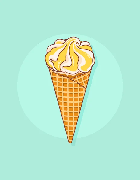 Gelato isolato saporito variopinto su uno sfondo turchese. Cono di wafer croccante ripieno di marmellata di limone e gelato alla panna. Illustrazione vettoriale . — Vettoriale Stock