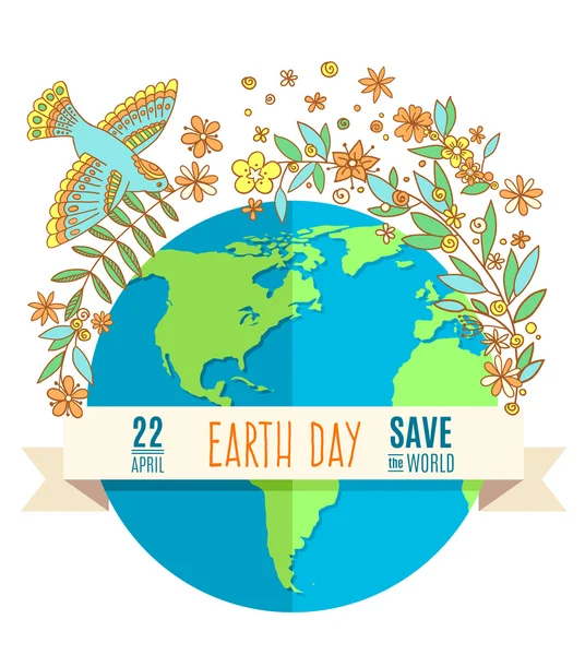 Globo sobre fondo blanco, rodeado de flores y hojas. La inscripción en la bandera del Día de la Tierra, 22 de abril, Save the World. Ilustración vectorial . — Vector de stock