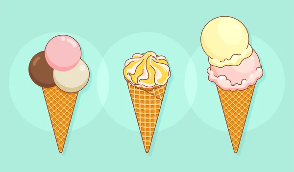 Conjunto de coloridos sabrosos helados aislados en un fondo turquesa. Conos de gofre crujientes llenos de varios tipos de delicioso helado. Ilustración vectorial . — Archivo Imágenes Vectoriales