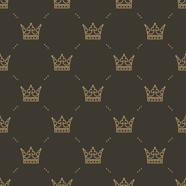 Seamless modeli ile kahverengi zemin üzerine altın bir taç retro tarzı. Kullanılabilir duvar kağıdı, desen dolgularını, web sayfası arka planı, yüzey dokuları için. Vektör çizim.