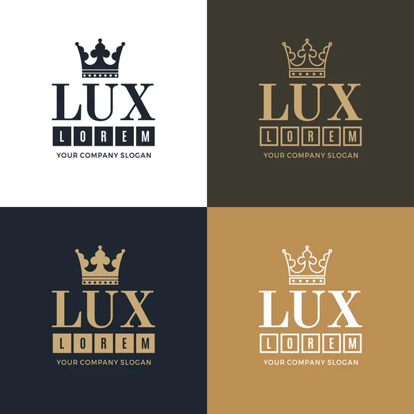 Mavi, beyaz ve altın arka plan resmi olan taç ve kelime Lux silüeti üzerinde altın, mavi ve beyaz logo ayarlamak. En yüksek kalite, dayanıklılık, indestructibility sembolize — Stok Vektör