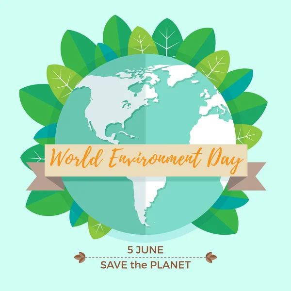 世界环境日的概念与母亲地球地球仪和绿色叶薄荷背景上。刻有铭文拯救地球，6 月 5 日。矢量图 — 图库矢量图片