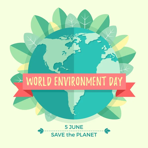 Concepto del día mundial del medio ambiente con globo madre tierra y hojas verdes sobre fondo beige. Con una inscripción Save the Planet, 5 de junio. Ilustración vectorial — Vector de stock