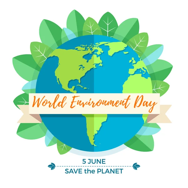 Concepto del día mundial del medio ambiente con globo madre tierra y hojas verdes sobre fondo blanco. Con una inscripción Save the Planet, 5 de junio. Ilustración vectorial — Vector de stock
