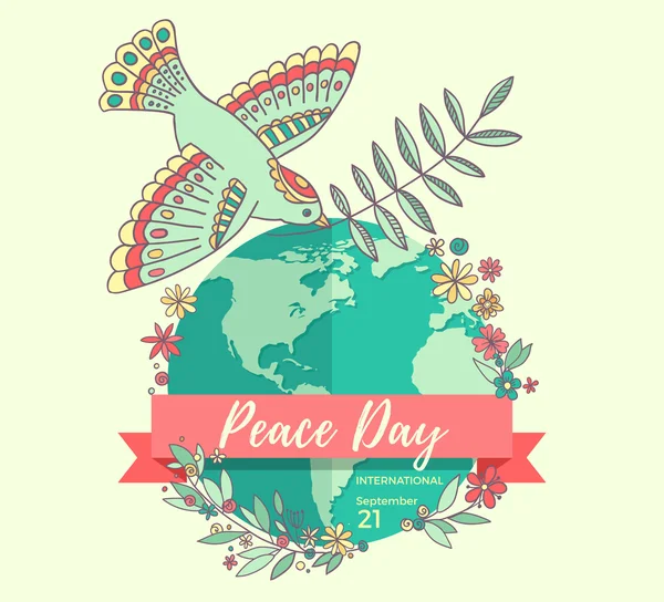 Journée internationale de la paix. 21 septembre. Tourterelle de paix avec branche d'olivier sur la planète fleurs envahies. Tiré à la main. Illustration vectorielle . — Image vectorielle