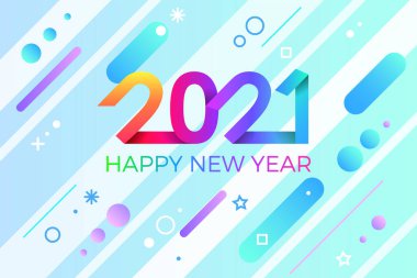 2021 mutlu yıllar. Kağıt Memphis geometrik parlak stili. Tatil ilanları, selamlar, davetiyeler, Mutlu Yıllar veya Mutlu Noeller kartları. Tatil geçmişi, poster, afiş. Vektör İllüstrasyonu.