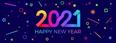 2021 mutlu yıllar. Kağıt Memphis geometrik parlak stili. Tatil ilanları, selamlar, davetiyeler, Mutlu Yıllar veya Mutlu Noeller kartları. Tatil geçmişi, poster, afiş. Vektör İllüstrasyonu.