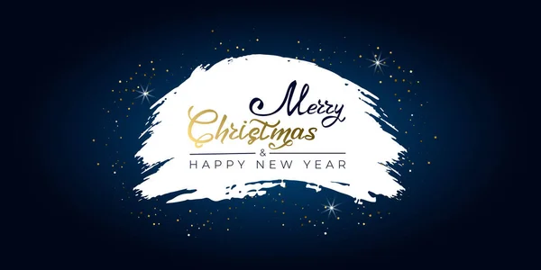 Boldog karácsonyt és boldog új évet 2021-ben. Üdvözlőlap kézzel rajzolt felirattal fehér ecsetvonás arany csillogó kék háttér. Ünnepi meghívókhoz, plakátokhoz, bannerekhez. Vektorillusztráció. — Stock Vector