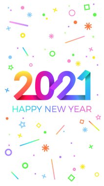 2021 mutlu yıllar. Kağıt Memphis geometrik parlak stili. Tatil ilanları, selamlar, davetiyeler, Mutlu Yıllar veya Mutlu Noeller kartları. Tatil geçmişi, poster, afiş. Vektör İllüstrasyonu.