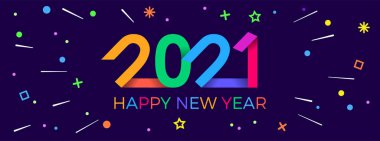 2021 mutlu yıllar. Kağıt Memphis geometrik parlak stili. Tatil ilanları, selamlar, davetiyeler, Mutlu Yıllar veya Mutlu Noeller kartları. Tatil geçmişi, poster, afiş. Vektör İllüstrasyonu