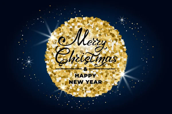 Frohe Weihnachten und ein gutes neues Jahr 2021. Grußkarte mit handgezeichnetem Schriftzug gold glitzernd rund auf blauem Hintergrund. Für Urlaubseinladungen, Banner, Plakate. Vektorillustration. — Stockvektor