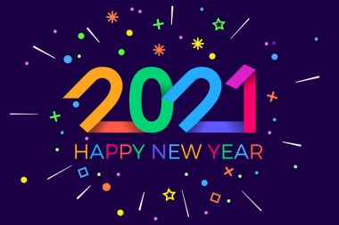 2021 mutlu yıllar. Kağıt Memphis geometrik parlak stili. Tatil ilanları, selamlar, davetiyeler, Mutlu Yıllar veya Mutlu Noeller kartları. Tatil geçmişi, poster, afiş. Vektör İllüstrasyonu.