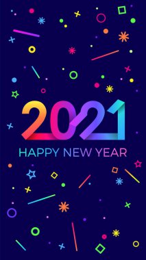 2021 mutlu yıllar. Kağıt Memphis geometrik parlak stili. Tatil ilanları, selamlar, davetiyeler, Mutlu Yıllar veya Mutlu Noeller kartları. Tatil geçmişi, poster, afiş. Vektör İllüstrasyonu.