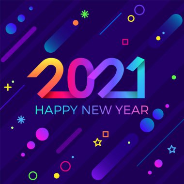 2021 mutlu yıllar. Kağıt Memphis geometrik parlak stili. Tatil ilanları, selamlar, davetiyeler, Mutlu Yıllar veya Mutlu Noeller kartları. Tatil geçmişi, poster, afiş. Vektör İllüstrasyonu