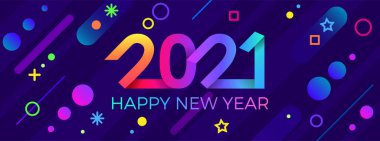 2021 mutlu yıllar. Kağıt Memphis geometrik parlak stili. Tatil ilanları, selamlar, davetiyeler, Mutlu Yıllar veya Mutlu Noeller kartları. Tatil geçmişi, poster, afiş. Vektör İllüstrasyonu.