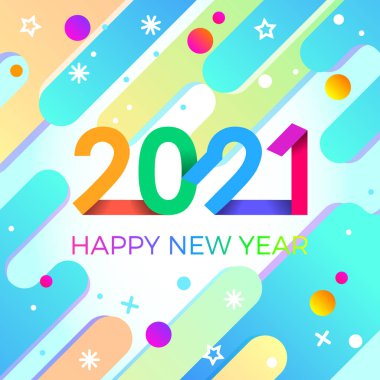 2021 mutlu yıllar. Kağıt Memphis geometrik parlak stili. Tatil ilanları, selamlar, davetiyeler, Mutlu Yıllar veya Mutlu Noeller kartları. Tatil geçmişi, poster, afiş. Vektör İllüstrasyonu.