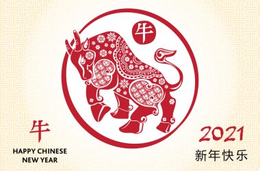 Çin Yeni Yılı 2021 öküz yılıdır. Asya çiçekleriyle kırmızı inek ve arka planda zanaat stili elementler Çin deseninde. Çevirisi: Öküz yılı, mutlu yıllar. Vektör İllüstrasyonu