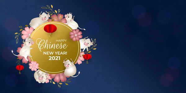 Šťastný Čínský Nový Rok2021 Šest Býků Zlatém Kulatém Tabuli Bílí — Stockový vektor