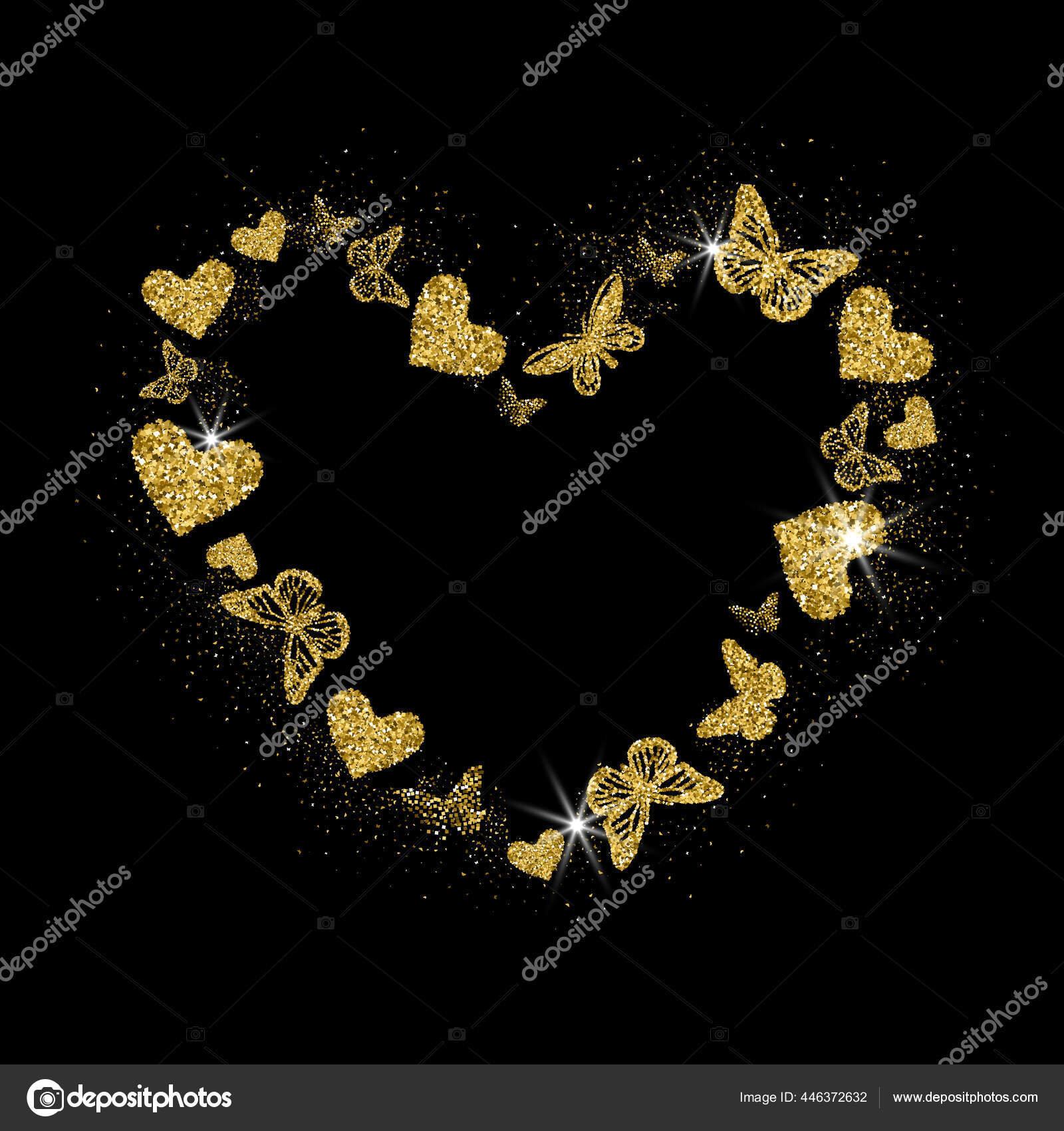 Heart Shape Golden Glitter Hearts Butterflies Beautiful Gold Frame