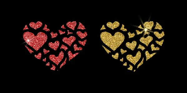 Set Glittering Gold Red Creative Icons Heart White Background Valentine — Stock Vector