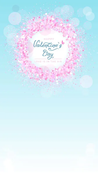 Valentines day greeting card with hand drawn lettering, butterfly icon and round frame of pale pastel pink confetti dots on blue background. For holiday invitations, banner. Vector illustration. — Stock Vector