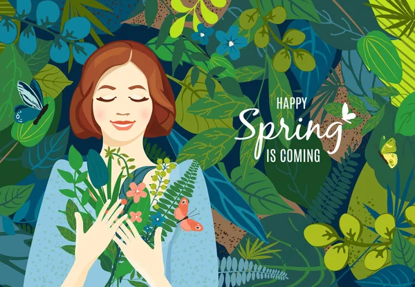 Krásné Květinové Pozadí Karta Portrétem Krásné Dívky Kyticí Jarních Letních — Stockový vektor