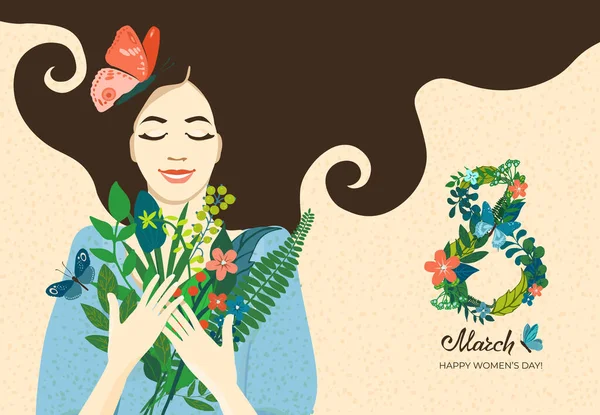 Leuke wenskaart voor de feestdag van de vrouw op 8 maart, portret van een mooi meisje met een boeket van lente en zomer bloemen, bladeren, vlinders. Vectorillustratie. — Stockvector