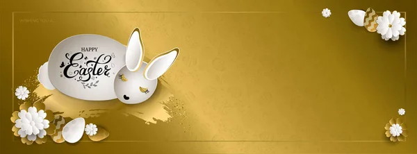 Veselý velikonoční prapor s bílým králíkem, vajíčky a květy v papírovém stylu, ručně kreslené nápisy na třpytivém zlatě, vzor. Na pokrytí sociální sítě, pozvánky, plakátu. Vektorová ilustrace. — Stockový vektor