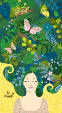 Güzel çiçek arkaplanı. Rüyamda bir kız gördüm. Yaprak kılı, renkli çiçekler, kelebekler. 8 Mart 'taki kadınlar günü tebrik kartı için sosyal ağlar, düğün. Vektör illüstrasyonu.