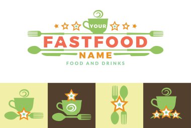 Gıda kelime işareti logo simge tasarım şablon öğeleriyle kaşık ve çatal. Fast food restoranlar, kafeler, kantinler için. Broşür, afiş, davetiye, menüler imalatı. Yeşil renk. Vektör çizim