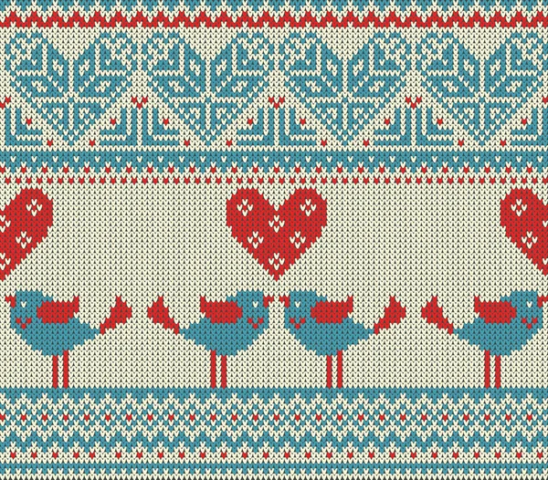 Nahtloses Muster zum Thema Valentinstag mit einem Bild der norwegischen Muster und Herzen. Figur, die küssende Vögel zeigt. Wolle gestrickt Textur — Stockvektor