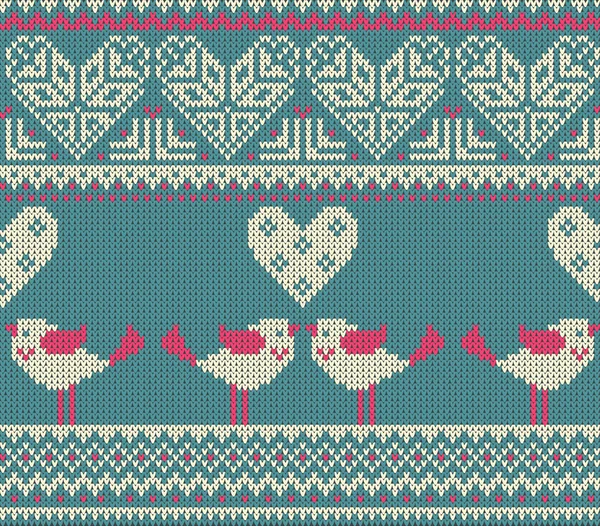 Patrón sin costuras sobre el tema de San Valentín con una imagen de los patrones y corazones noruegos. Figura que muestra pájaros besándose. Textura de punto de lana — Vector de stock