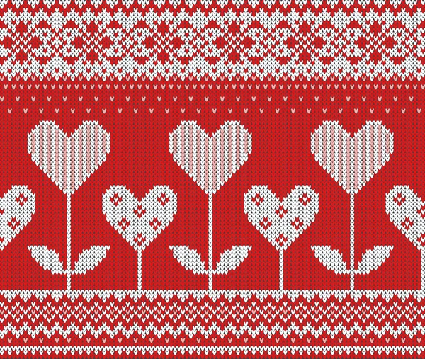 Nahtloses Muster zum Thema Valentinstag mit einem Bild der norwegischen Muster und Herzen. Wolle gestrickt Textur — Stockvektor