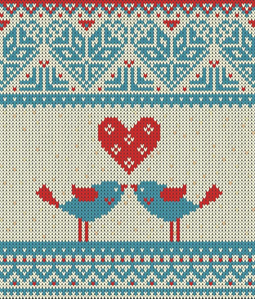 Nahtloses Muster zum Thema Valentinstag mit einem Bild der norwegischen Muster und Herzen. Figur, die küssende Vögel zeigt. Wolle gestrickt Textur — Stockvektor