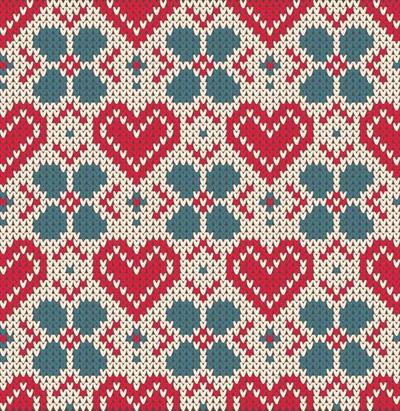 Χωρίς ραφή πρότυπο με θέμα ημέρα του Αγίου Βαλεντίνου με μια εικόνα της νορβηγικής μοτίβα και καρδιές. Μαλλί πλεκτά υφή — Διανυσματικό Αρχείο