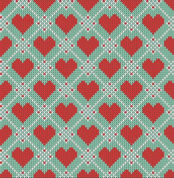 Patrón sin costuras sobre el tema de San Valentín con una imagen de los patrones y corazones noruegos. Textura de punto de lana — Vector de stock