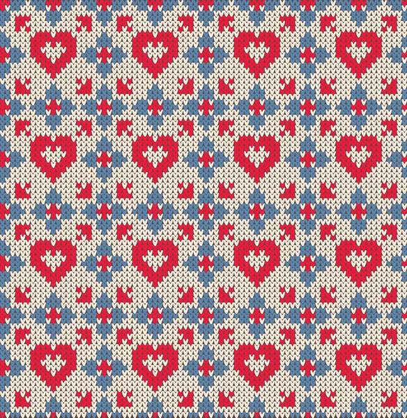 Seamless pattern on the theme of Valentines Day with an image of the Norwegian patterns and hearts. Wool knitted texture — Stock Vector