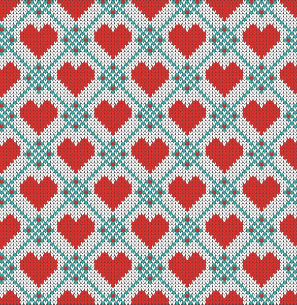 Seamless pattern on the theme of Valentines Day with an image of the Norwegian patterns and hearts. Wool knitted texture — Stock Vector