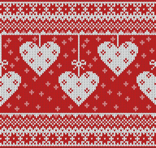 Бесшовный узор на тему Дня Святого Валентина с изображением норвежских узоров и сердец. Шерстяной трикотаж — стоковый вектор