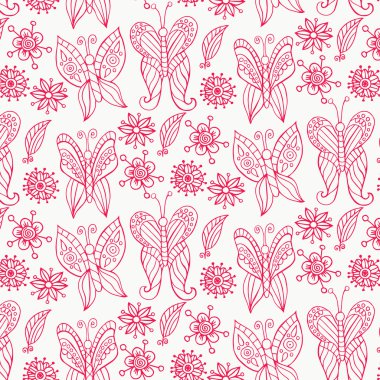 Elle çizilmiş kelebek ve çiçek deseni