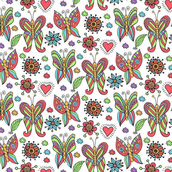 Handgezeichneter Schmetterling und Blumenmuster — Stockvektor