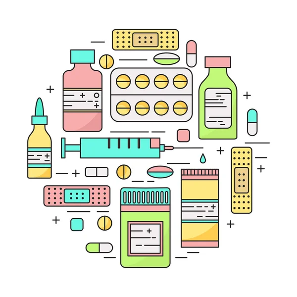 Vonalas gyógyszertár termékek és tabletták kör — Stock Fotó