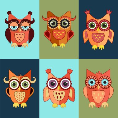 Sevimli düz kahverengi baykuşlar set vektör