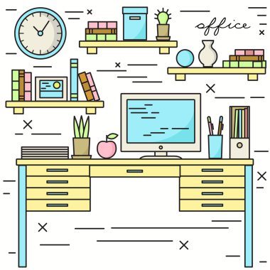 Ofis işyeri lineart illüstrasyon