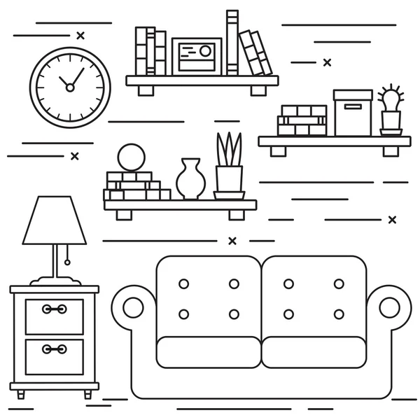 Black and white lineart living room with sofa and bookshelves. — Stock Vector