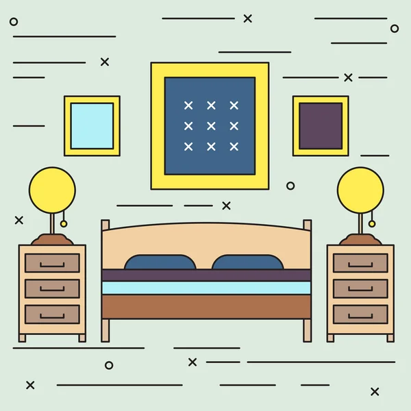 Bedroom interior flat line art illustration — Stock Vector