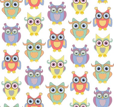 Düz sevimli baykuşlar sorunsuz vektör desen. 