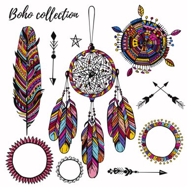 Çizilmiş boho öğeleri koleksiyonu el